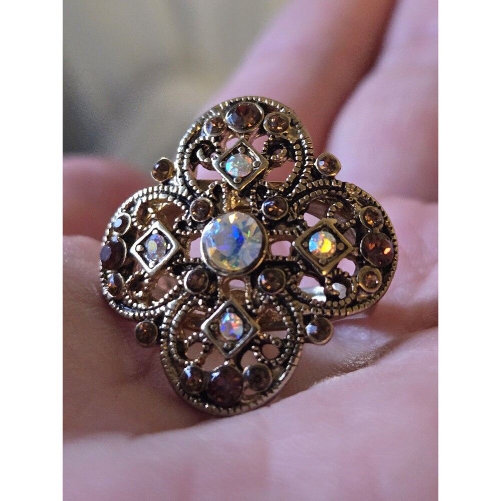 1950s-1960s Statement Ring Size 7.25 Antiqued Brass Filigree AB Crystal Cocktail